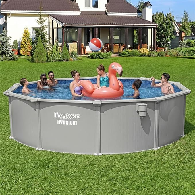 Bestway Hydrium 15' x 48" Above Ground Pool, Round Steel Side Wall Frame Outdoor Swimming Pool Set with Sand Filter Pump, Polysphere Filtration Balls, Ladder & Accessories