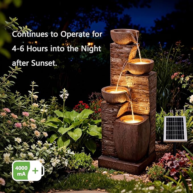38.2" Tall Solar Water Fountain Outdoor Garden,Stone Texture Modern 4 Tiers Cascading Bowls Garden Fountains Outdoor,Suit for Patio, Deck, Porch, Lawns, Backyard and Home Art Decor