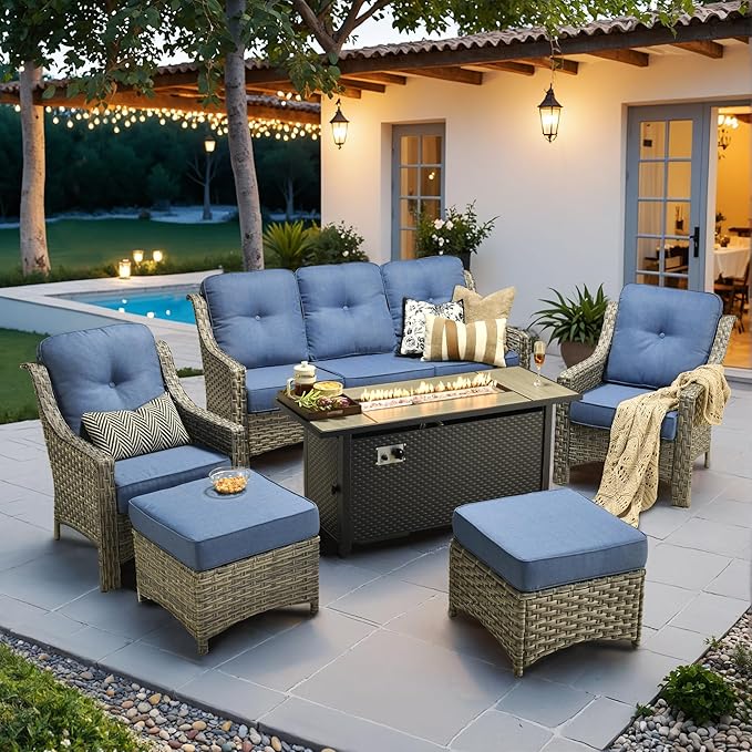 HOOOWOOO Patio Furniture Set,6 Pieces Wicker Outdoor Furniture,High Back Conversation Set with All Weather Resistant Fire Pit Table Couch Chairs Ottomans,Diamond Blue