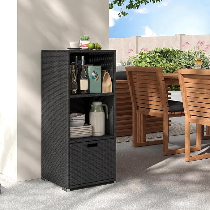 Tangkula Rattan Outdoor Storage Cabinet, Patiojoy Outdoor Wicker Cabinet with 3 Shelves, 1 Removable Drawer, Patio Storage Deck Box for Backyard Poolside Porch