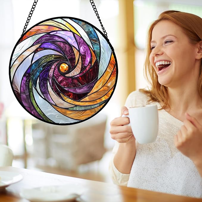 DASTOLL Stained Glass Window Hanging, Colorful Abstract Spiral Pattern Suncatcher for Doors Window Home Sun Catchers Decoration Mother's Day Birthday Gifts for Women, Men, and Mom 15 in