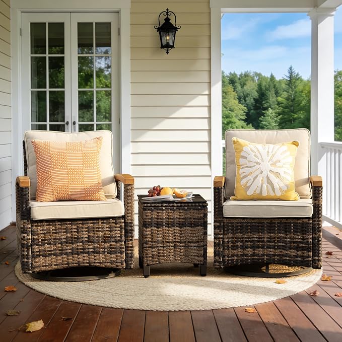 MEISSALIVVE 3 Piece Outdoor Swivel Rocking Chairs, Patio Furniture Bistro Set with 360° Wood Armrests Swivel Glide Chairs and Side Table for Deck Yard and Poolside (Beige)