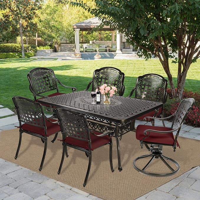 MEETWARM 7-Piece Outdoor Patio Dining Set, All-Weather Cast Aluminum Patio Conversation Set with 4 Stationary, 2 Swivel Rocker Chairs, 1 Rectangular Table, 6 Cushions, 2" Umbrella Hole, Chili Red