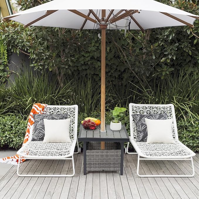 Outdoor Wicker Side Table with Umbrella Hole & Storage Space, Square PE Rattan End Table for Patio Garden Poolside Deck