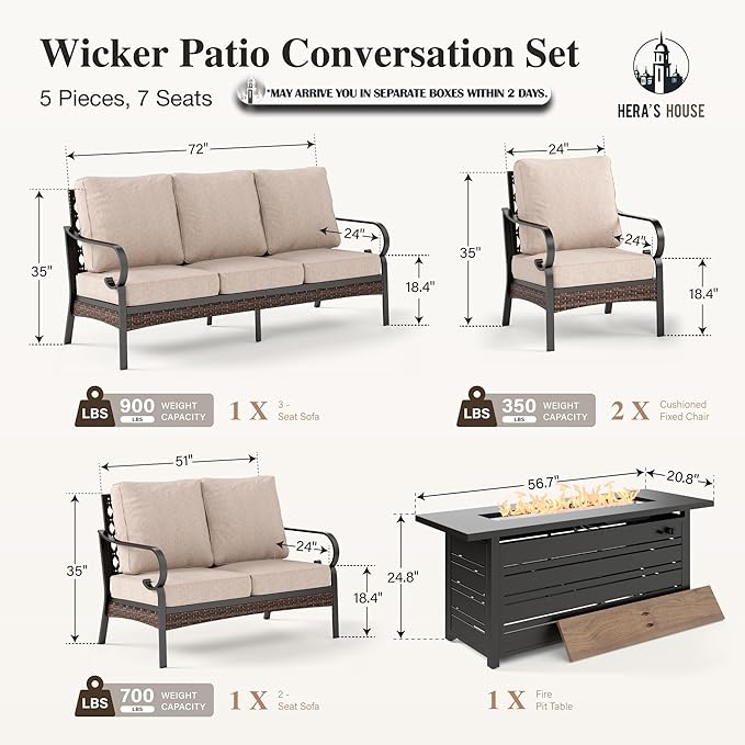 HERA'S HOUSE 5 Piece Metal Patio Furniture Set with 56" Fire Pit Table, All Weather Outdoor Conversation Set, 3 Seat Sofa with Loveseat, 2 Fixed Chairs, Seats 7 for Backyard, Garden, Deck, Beige