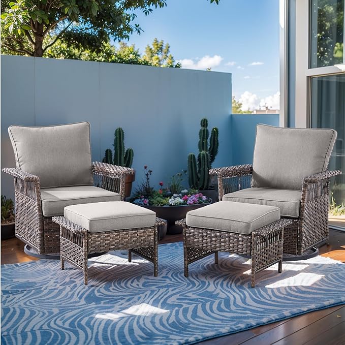 Patio Furniture Set 2 Wicker Swivel Glider Chairs with 2 PE Rattan Ottomans Brown Wicker Grey Cushions Patio Conversation Set 4pcs for Garden Balcony Sunroom Backyard