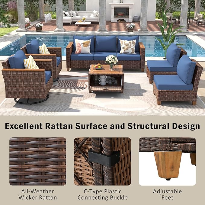 Outdoor Patio Sectional Furniture Set, 8-Piece Wicker Rattan Sofa Set with Thick Cushion, Patio Swivel Rocking Chairs Set of 2 with Acacia Storage Table, Conversation Set for Backyard (Blue+Brown/36)