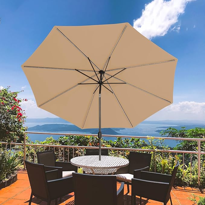 Sundale Outdoor Solar 104 LED 11 ft Patio Umbrella with Sand Bag Umbrella Base, Outdoor Umbrella with Tilt and Crank, Tan