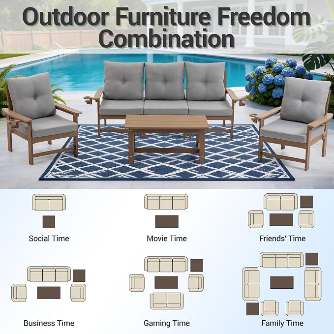 7-Piece HDPE Patio Conversation Set w/ 4 Cup Holders, All-Weather Outdoor Sectional Furniture, Thick Washable Cushions, Coffee Table & Side Table for Backyard Porch Poolside, Brown