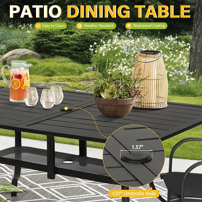 Incbruce Patio Dining Table, 60" x 36" Rectangle Metal Steel Slat Table, with 1.57" Umbrella Hole, for Backyards, Porches, Gardens or Poolside