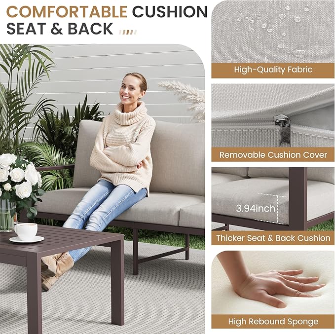 5-Piece Aluminum Patio Conversation Sets All-Weather Outdoor Furniture Sectional Sofa Modular Patio Set with 4'' Cushion Removable Covers for Porch Poolside Deck Balcony Yard