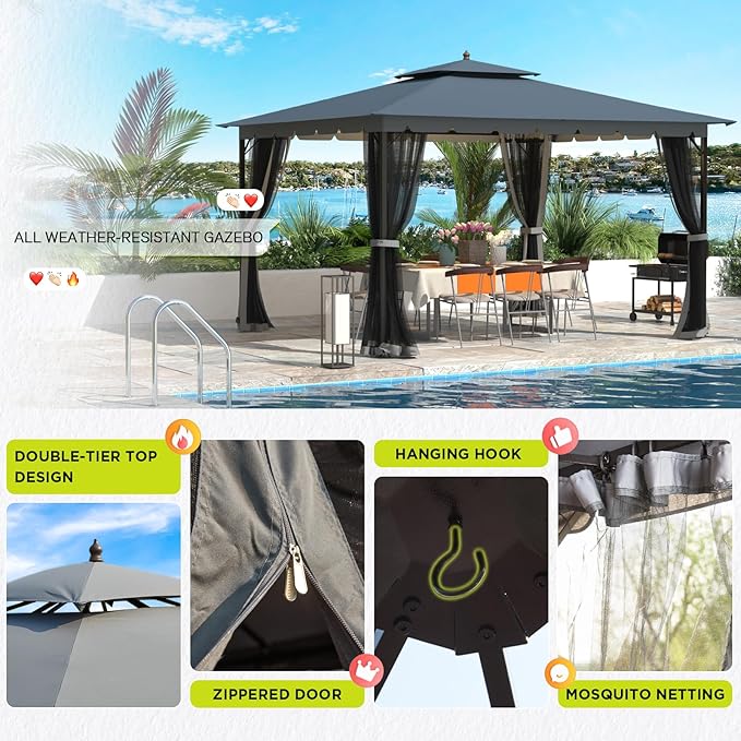 Bezseller 10x12 Outdoor Patio Gazebo with Powder-Coated Metal Frame - Stable Double-Tier Canopy with Zip Mesh Sidewalls for Backyard Dining & Entertaining, Grey
