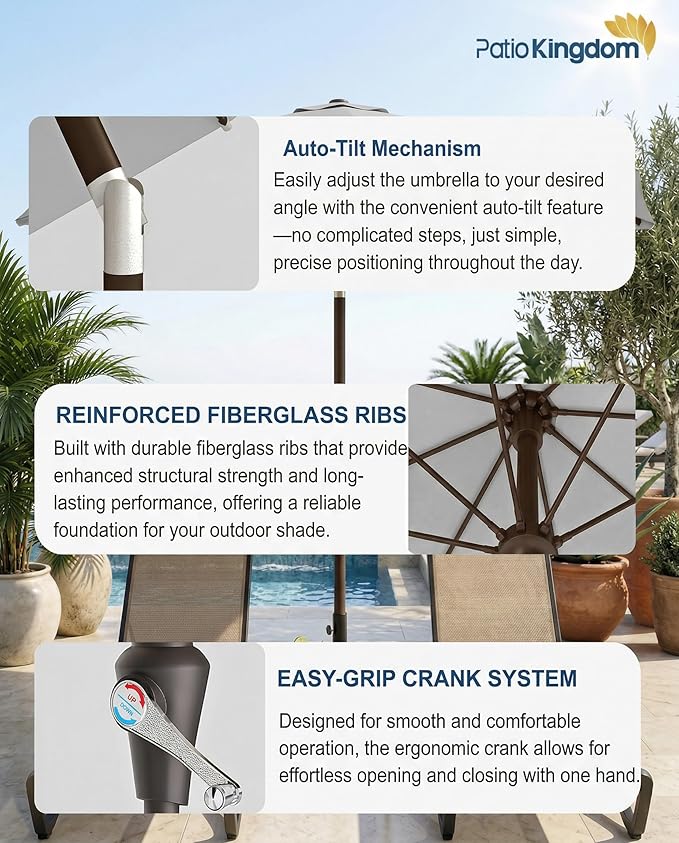 PatioKingdom Auto-Tilt 9FT Patio Umbrella Outdoor with 8 Sturdy Fiberglass Ribs,Market Table Umbrella for Pool,Backyard,Deck and Garden
