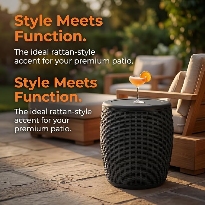 Zapdos 9.5 Gallon Outdoor Cooler Table, 4-in-1 Patio Side Table Cooler and Wicker Storage Stool, 330lbs Capacity Lid
