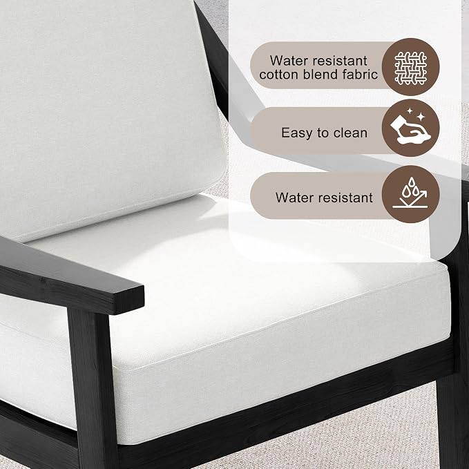 Outdoor Patio Furniture Set, 3 Piece Patio Conversation Sets with Washable Thick Cushions, All-Weather Solid Wood Patio Bistro Set for Porch, Balcony, Black Frame & Beige Cushion