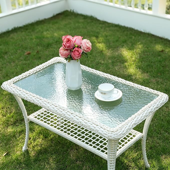 MEETWARM Wicker Patio Coffee Table, 34.5" Rectangle Outdoor Coffee Table with Tempered Glass Top and 2-Tier Storage Shelf, All-Weather Rattan Patio Side Table for Outside Poolside Garden, Cream White