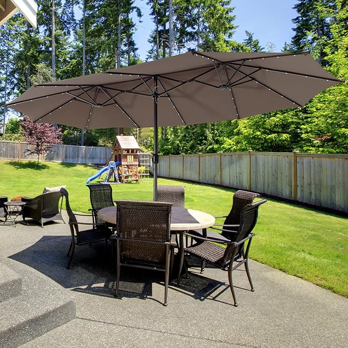 Giantex 15 FT Double Patio Umbrellas with 48 Solar LED Lights, Auto-Charging Panel, Crank System, Outdoor Extra-Large Rectangle Market Table Umbrella for Garden Deck Backyard Beach Pool