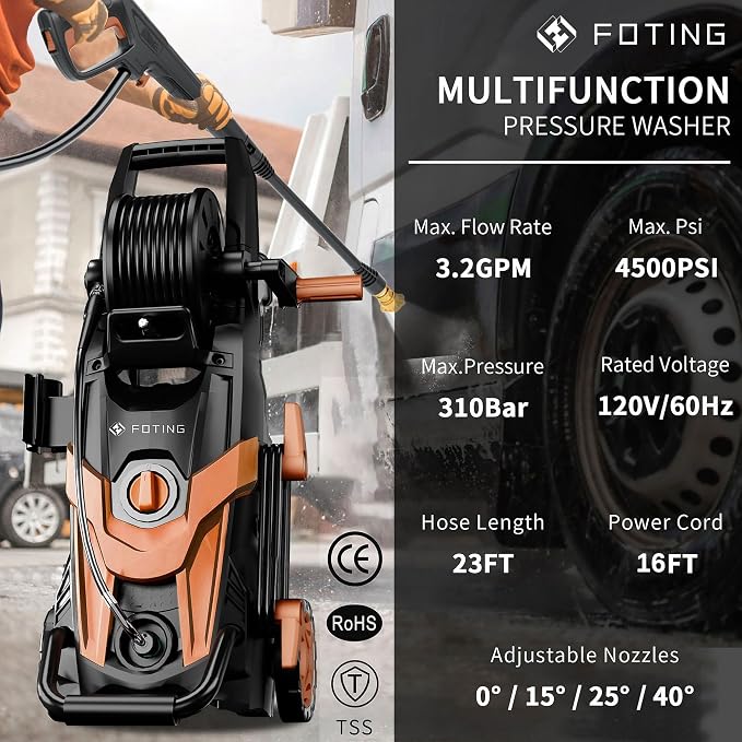 2026NEW Pressure Power Washer 4500PSI with 4 Quick Connect Nozzles, Inlet Hose & Filter, Foam Cannon for Cars/Fences/Driveways/Patios/Home Cleaning, Red