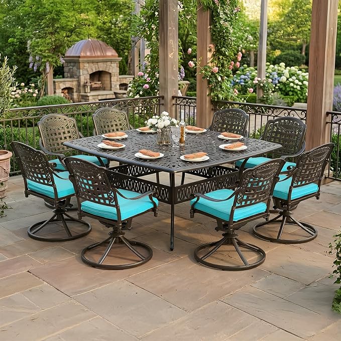 VIVIJASON 9-Piece Outdoor Dining Furniture Set, Cast Aluminum Patio Table & Chairs Set for 8, Include Large 64" Square Dining Table and 8 Swivel Rocker Chairs with Umbrella Hole, Ocean Blue
