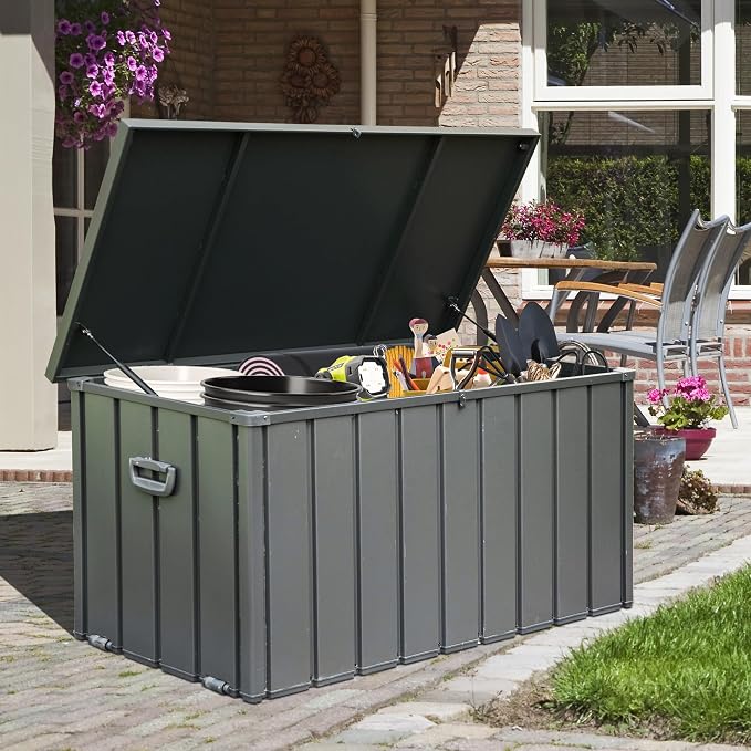 Domi Deck Box 160 Gallon Outdoor Storage Box, Large Metal Storage Cabinet Waterproof Lockable Container for Patio Furniture Cushions Garden Tools Pool-Supplies, Grey