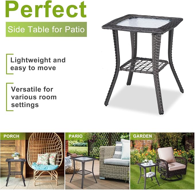 Outvita Rattan Outdoor Side Table with Glass Top & Storage Shelf | Small patio end coffee table, multi-scene furniture for porch, backyard, balcony and indoor living room use