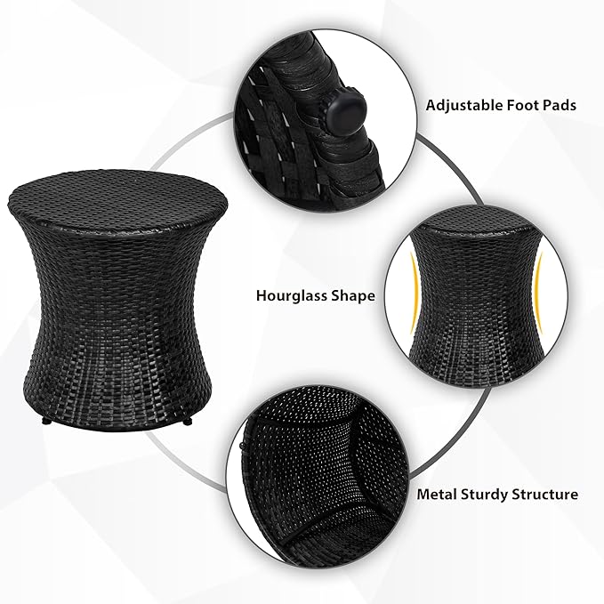 Sundale Outdoor Small Side Table Patio Rattan End Table 20 Inch Hourglass Wicker Accent Tables Steel Frame Lightweight Black