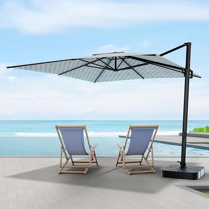 Midtown Umbrellas The Grande Square 9 x 9 FT Outdoor Cantilever Patio Umbrella w/Sunbrella Infused Gem Acrylic Fabric - 8 Rib Aluminum Frame Offset w/Tilt & 360° Rotate Pedal System - Black Frame