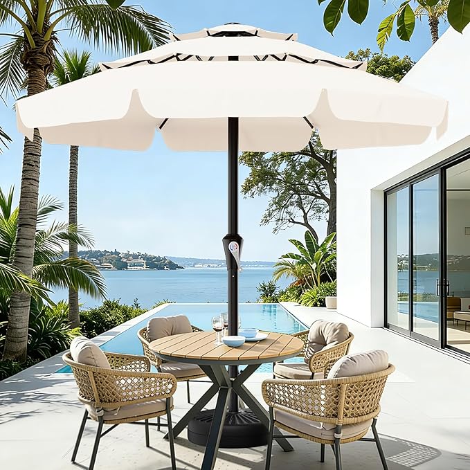 AreShark 11FT 3-Tiers Patio Umbrella with Valance, Outdoor with Crank, Large Outdoor Market Umbrellas Vented with 8 Sturdy Ribs, Patio Table Umbrellas for Garden, Deck, Backyard, Pool, Cream White