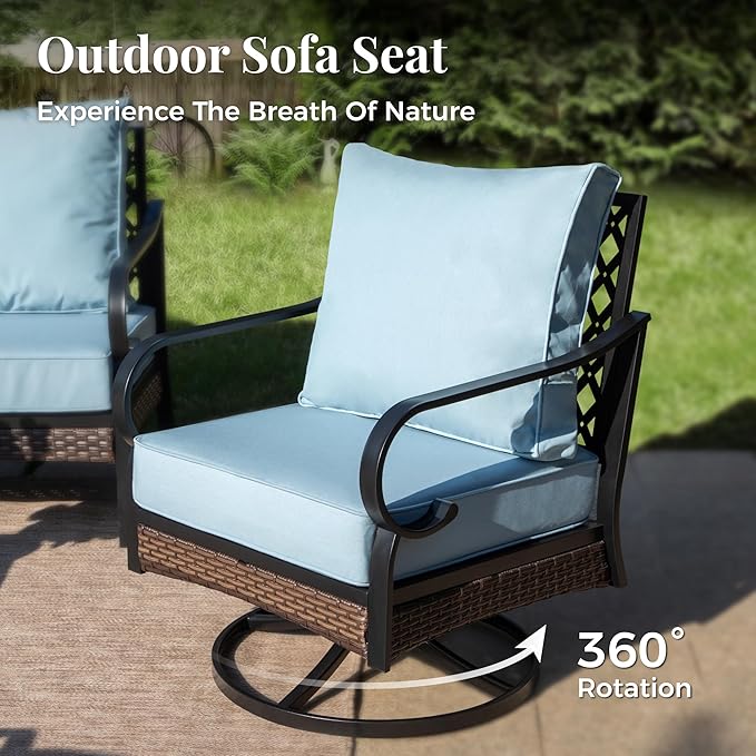 Patio Furniture Set with Fire Pit Table, Metal Outdoor Conversation Set with 5.75'' Extra Thick Cushion, 2 Swivel Chairs, Loveseat Sofa, 3-Seat Sofa and Gas Fire Pit Table, Blue
