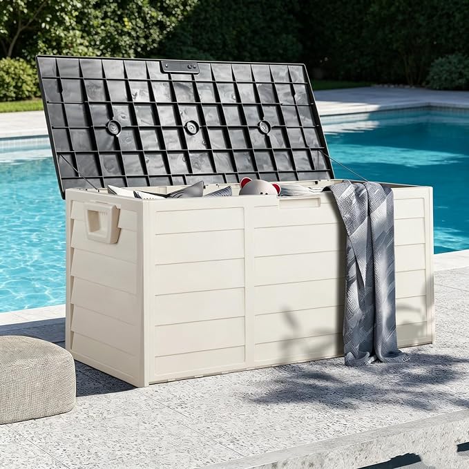 75 Gallon Waterproof Outdoor Deck Box with Wheels, Lockable Resin Patio Storage Container for Cushions, Garden Tools, Pool Accessories and Outdoor Supplies, Black White