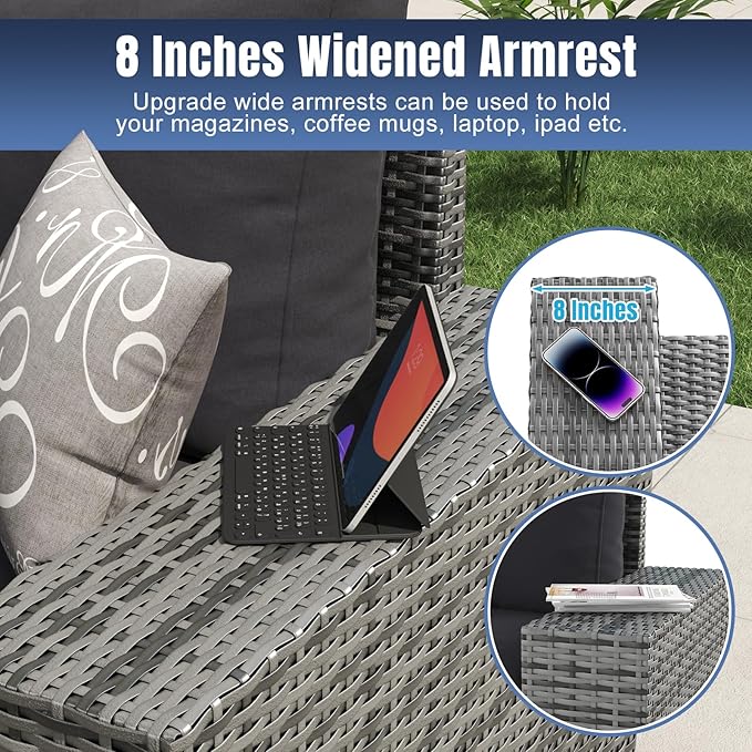 Aoxun 6 Pieces Patio Furniture Set Wicker Rattan Outdoor Sectional Conversation Set with Coffee Table and 4” Thickened Cushions, Gray Black (Waterproof Cover Included)