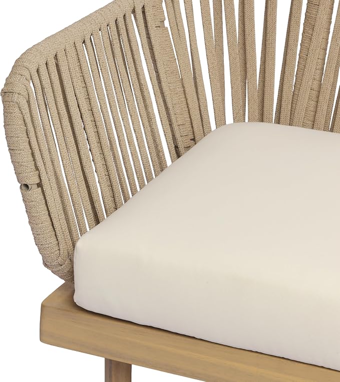 Christopher Knight Home John 4 Piece Patio Furniture Set with Slatted Coffee Table, Outdoor Sofa Set with Rope Back & Cushions, Modern Acacia Wood Sectional Conversation Set, Beige+Cream+Light Teak