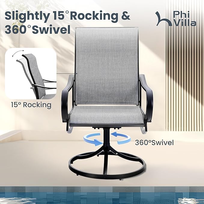 PHI VILLA 5 Piece Outdoor Patio Dining Set with 4 Swivel Dining Chairs & 1 Large Round Dining Table, Gray Textilene Mesh Fabric Chair and Round Metal Table for All Weather Deck Lawn Garden