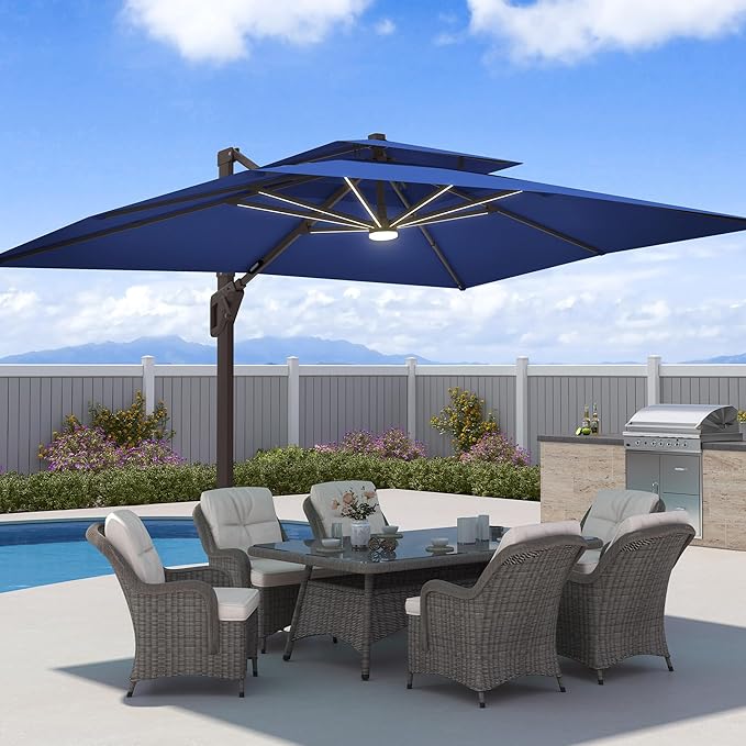 9x12 FT Patio Umbrella with LED Lights Cantilever Outdoor Large Heavy Duty Rectangle Aluminum Offset Umbrellas Double Top 360 Rotation 7 Tilt Adjustment for Pool Deck Garden, Navy