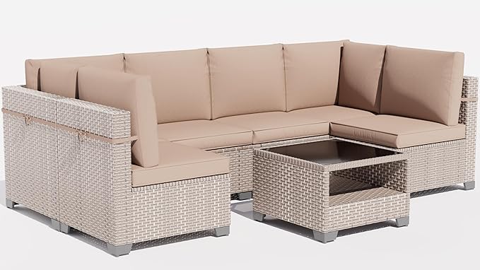 10 Pieces Patio Furniture Set, Outdoor Sectional Wicker Sofa with Thick Cushions and Storage Coffee Table, Rattan Patio Conversation Sets for Deck Yard Poolside, Khaki