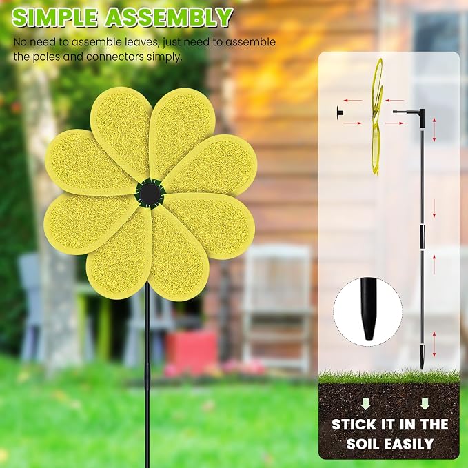 4PCS 11.4" W x 28" H Reflective Pinwheels Sparkly Lawn Wind Spinners Colorful Rainbow Windmill for Garden Decoration Bird Devices Deterrent to Scare Birds Away（Yellow）