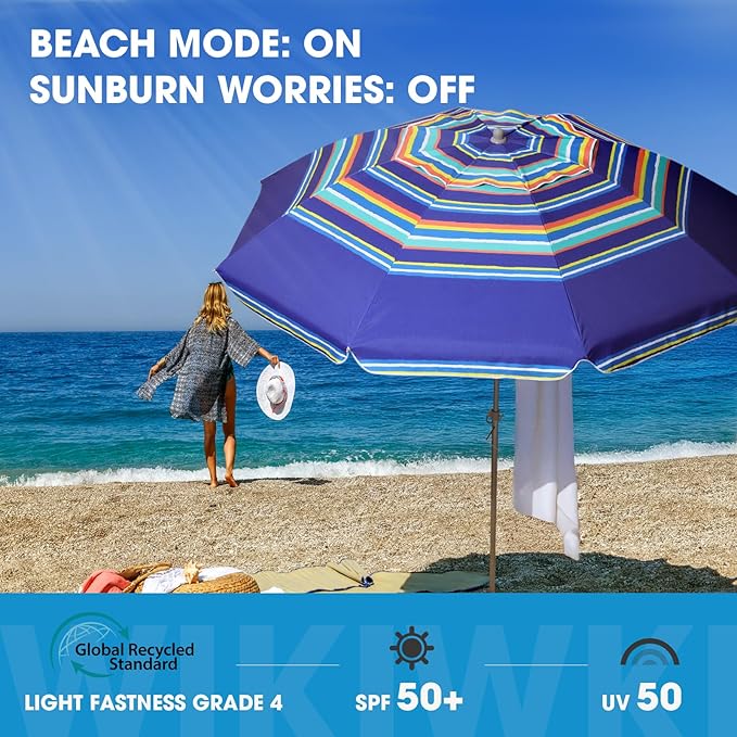 wikiwiki 7ft Beach Umbrella with Sand Anchor & Tilt, UPF 50+ Protection Beach Umbrellas for Sand, with Carry Bag and Hook, for Patio Garden Pool, Dark Blue Stripes