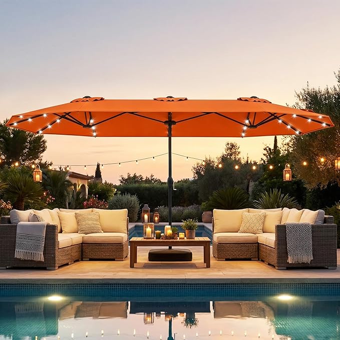 Tangkula 13FT Double-Sided Solar Patio Umbrella, Extra-Large Outdoor Twin Umbrella with 36 LED Lights, Vented Top, Crank Handle, 12 Ribs, Weighted Base Included for Backyard Poolside Deck (Orange)