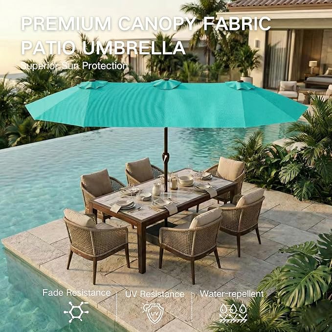Kingdura 15ft Large Patio Umbrella with Base Included, Double-Sided Rectangle Outdoor Table Umbrella with 12 Reinforced Ribs, Crank Lift for Market Pool Deck Backyard, Tiffany blue