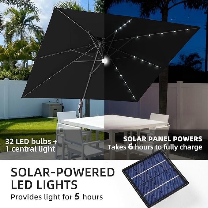 JZAC & QZYD 9x9 FT Outdoor Cantilever Patio Umbrella with Solar LED Lights, Large Heavy Duty 2-Tier Canopy Square Aluminum Offset Umbrellas with 360-Degree Rotation for Pool Deck Backyard, Black