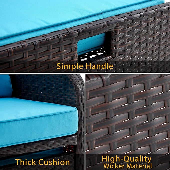 AVAWING 5 Pieces Patio Furniture Set, Outdoor Rattan Chairs with Tempered Glass Coffee Table, Ottomans & Soft Cushions, Wicker Conversation Bistro Set for Garden, Porch, Deck, Balcony (Blue)