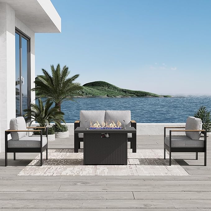 Aluminum Outdoor Patio Furniture Sets, 4 Piece Metal Patio Conversation Sets with Fire Pit with 5 Inch Cushion for Garden Backyard Deck