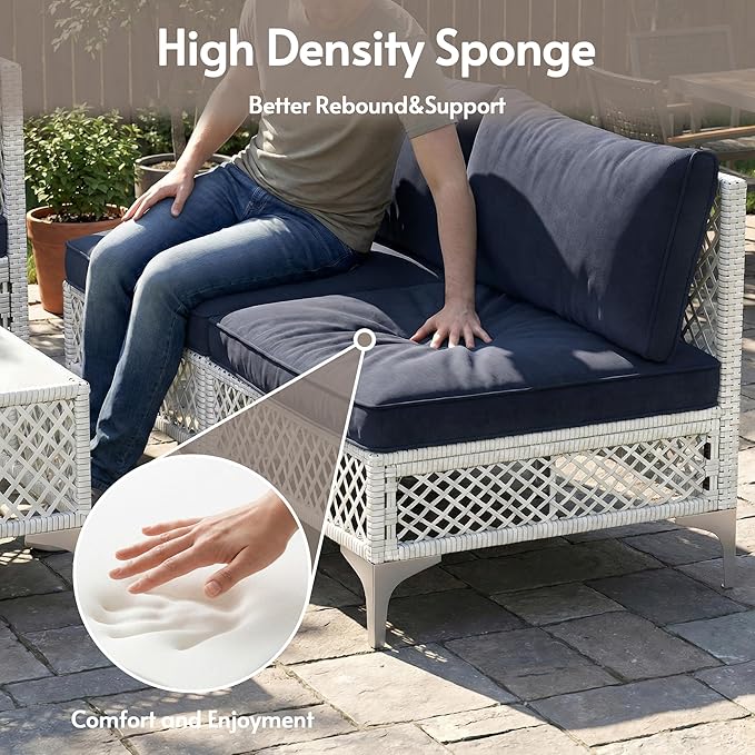 ENSTVER 7-Piece Outdoor Patio Furniture Set, Value Lightweight Boho Outdoor Sectional with Handwoven Wicker & Easy Assembly, Durable Outdoor Sofa for Small Patio, Balcony（Cushion Navy Blue）