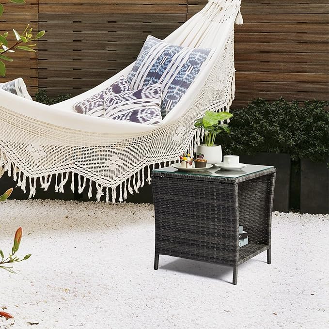 Outdoor Wicker Rattan Side Table, Square Rattan Coffee End Table Patio Wicker Table with Tempered Glass Top and Storage for Patio Garden Balcony (Gray)