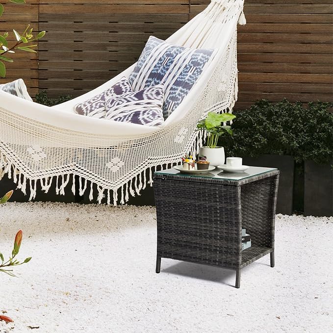 Wicker Rattan Side Table, Outdoor Square Rattan Coffee Table End Table Patio Wicker Table with Tempered Glass Top and Storage for Garden Porch Deck Backyard (Gray)
