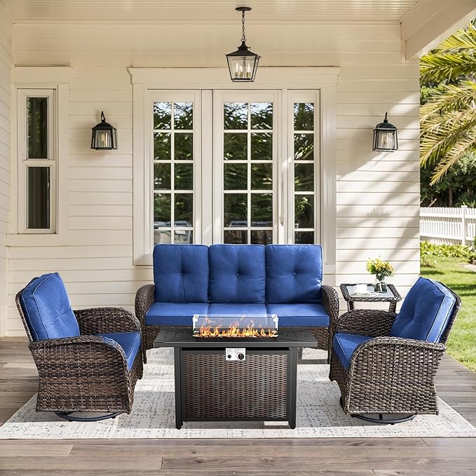 5 Pieces Patio Furniture Set with Fire Pit Table-All Weather Rattan Wicker Outdoor Couch with Outdoor Swivel Chair Outdoor Furniture for Deck Porch Garden Balcony Poolside-Brown/Blue