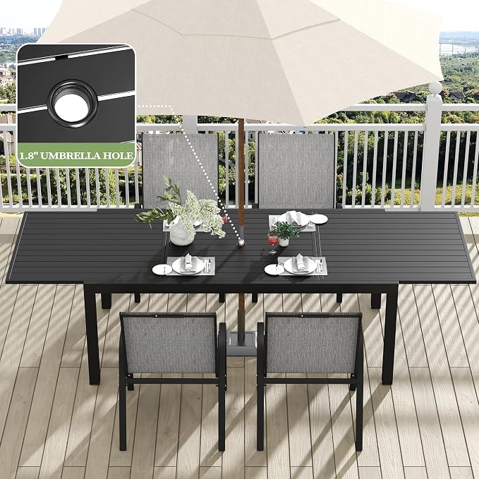 PIZZELLO 9 Pieces Outdoor Dining Set, 106" Aluminum Extendable Patio Dining Table w/ 8Pcs Stackable Textilene Chairs, All Weather Outdoor Table and Chairs Sets for Backyard, Garden, Deck and Poolside