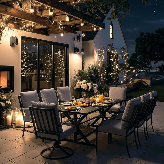 Kullavik 9 Pieces Outdoor Dining Set,Patio Dining Table and Chairs Set for 8,Fence Pattern Back Chairs with Thickened Cushions & X-Frame Metal Dining Table with Umbrella Hole for Patio,Grey