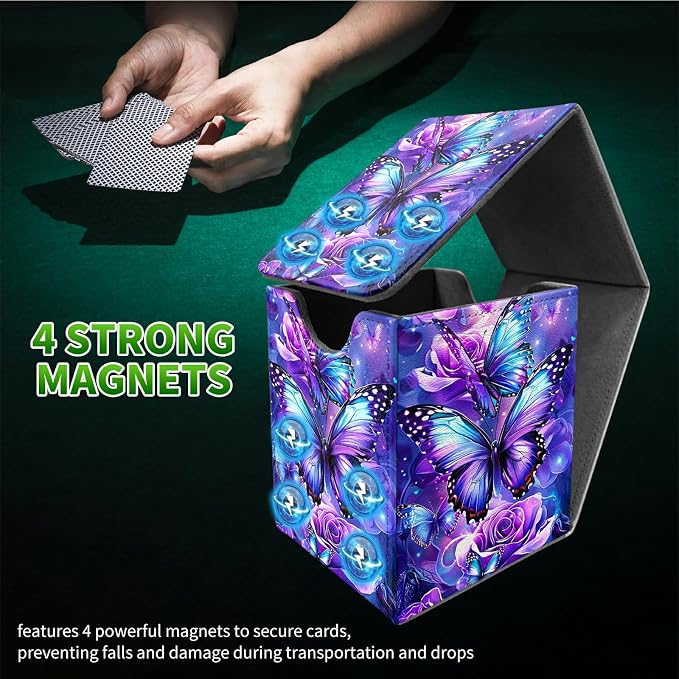 Deck Box for MTG, Cards Storage Box Fits 120+ Sleeved, Leather Medium Size Strong Magnetic Closing Card Case for Board Games Magic TCG CCG Baseball Collection, Purple Butterfly Flower