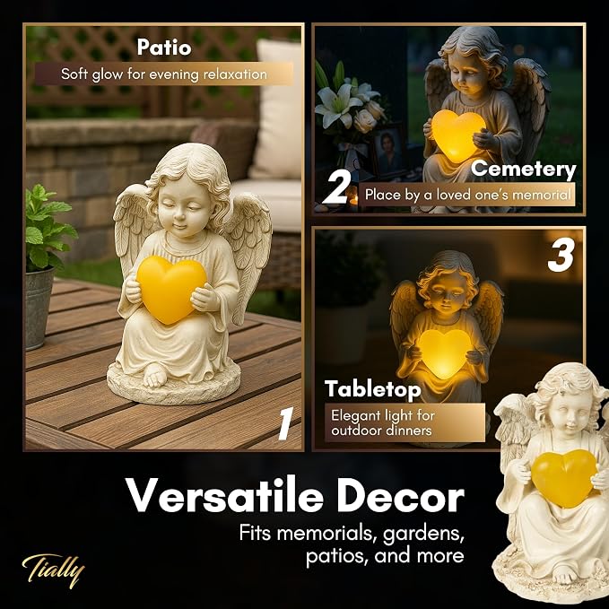 Solar Angel Garden Statue with Heart, 8" Guardian Memorial Outdoor Light | Glowing Lighted Heart, Bright Every Night, Weatherproof Resin Built to Last - a Sympathy Garden Gift for Women, Mom and Dad